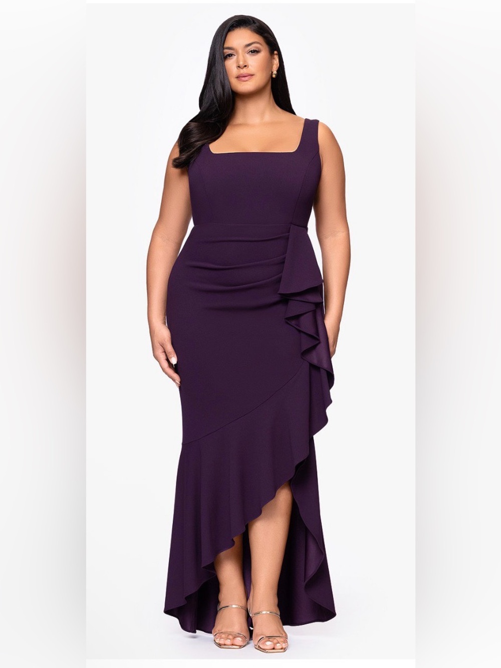 Betsy & Adam Sleeveless High-Low Ruffle Gown Purple Mulberry Size 20W.  NWT!